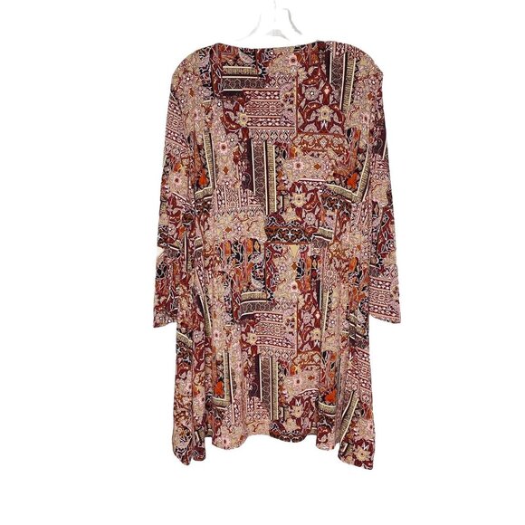 Chicos Size 3 XL Small High-Low Patchwork Tunic Top 3/4 Sleeve Maroon Brown - Picture 3 of 4